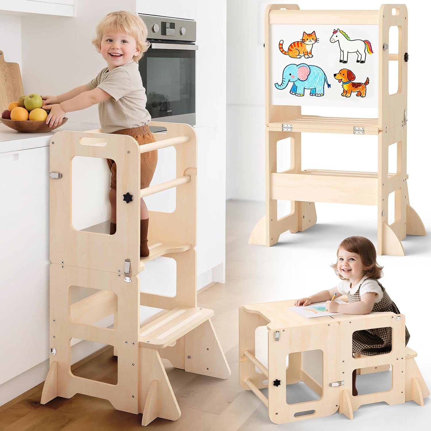 Toddler Learning Tower - 4-in-1 Toddler Kitchen Step Stool, Foldable